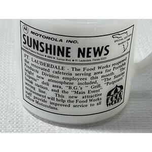 Milk Glass Mug Motorola INC Sunshine News Reopened Food Works 1980 FT Lauderdale
